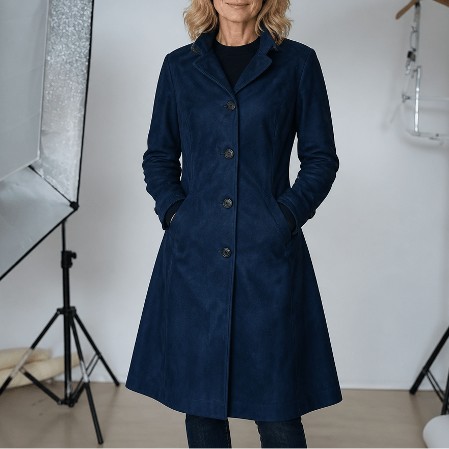 Women's Unstructured Suede-Look Long Coat with Button Front