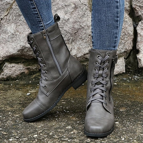 Hazel Faux Leather Combat Boots with Side Zip and Buckle Detail for Women