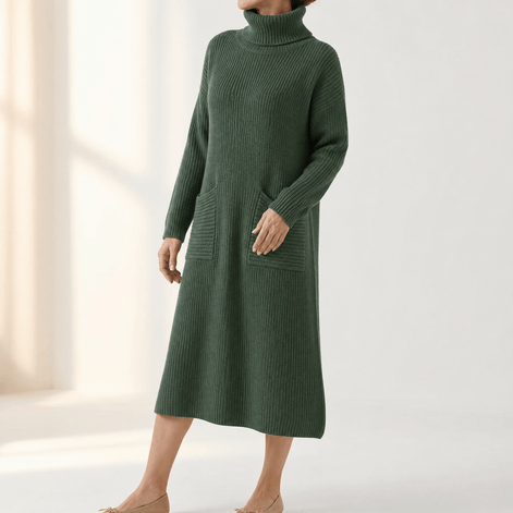 Women's Relaxed Turtleneck Knitted Jumper Dress with Pockets