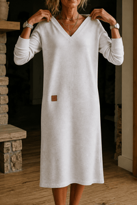 Women's A-Line V-Neck Midi Dress with Long Sleeves