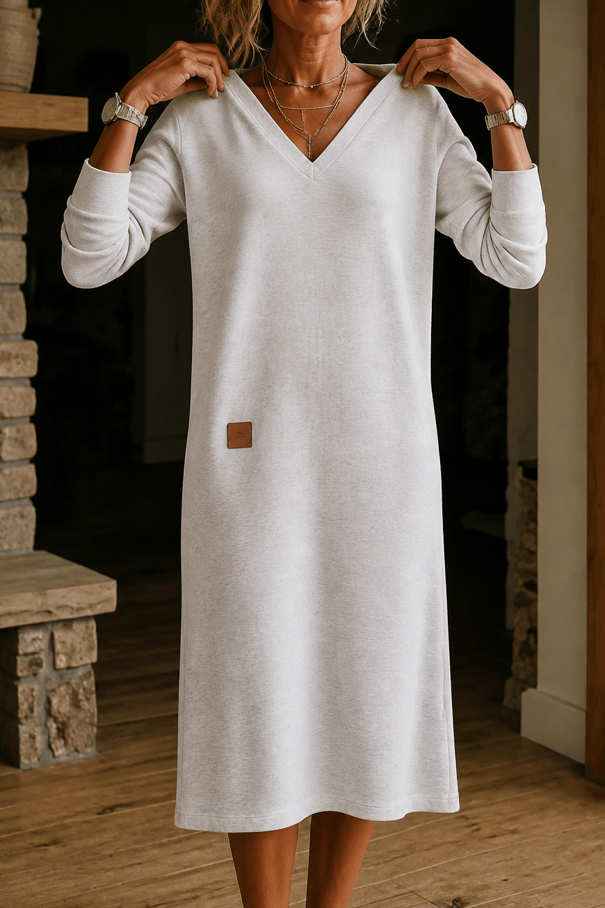 Women's A-Line V-Neck Midi Dress with Long Sleeves