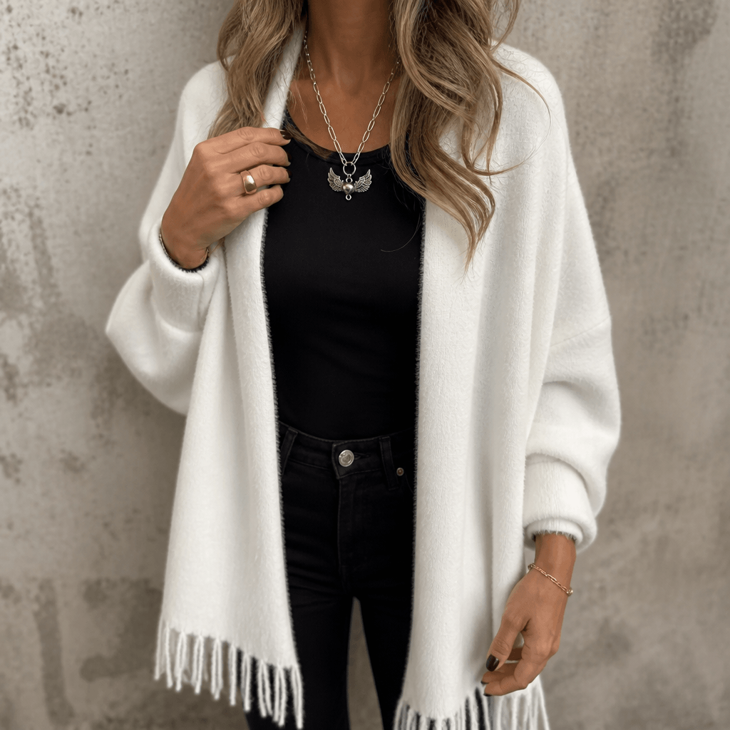 Women's Fringed Draped Shawl Collar Open-Front Wool Wrap Coat for Winter