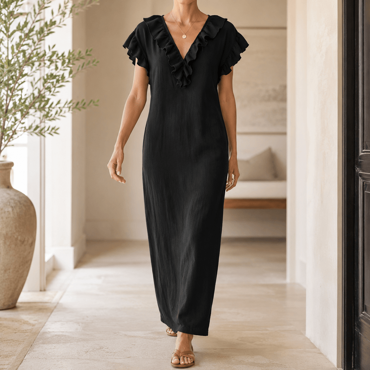 Ruffled V-Neck Linen-Cotton Women's Midi-to-Maxi Dress with Pockets