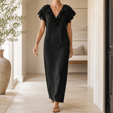 Ruffled V-Neck Linen-Cotton Women's Midi-to-Maxi Dress with Pockets