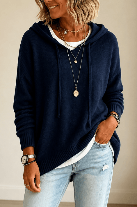 Women's Oversized Hooded Acrylic Knitted Jumper with Drawstring