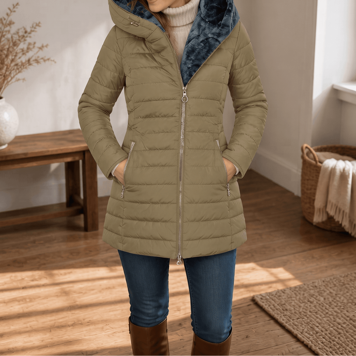 Women's Plush-Lined Hooded Longline Quilted Puffer Jacket
