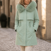 Velora Hooded Mid-Length Faux-Fur Trim Winter Coat for Women