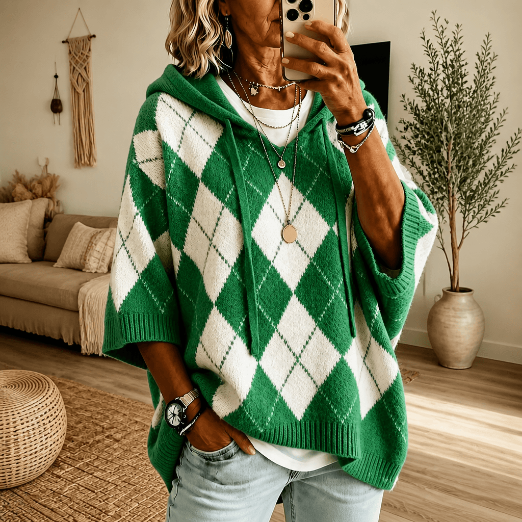 Women's Hooded Argyle Batwing Poncho Knit Jumper