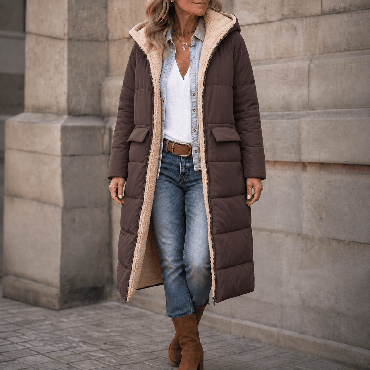 Reversa Women's Reversible Hooded Longline Winter Coat with Sherpa Lining