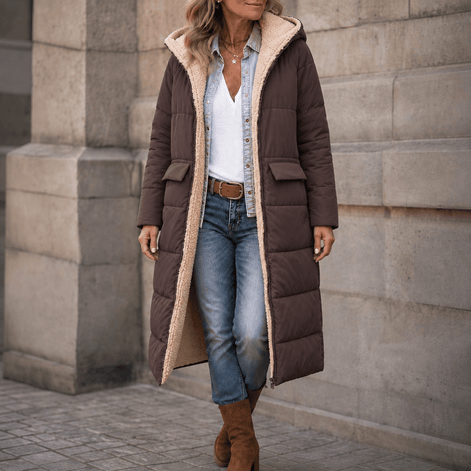 Reversa Women's Reversible Hooded Longline Winter Coat with Sherpa Lining