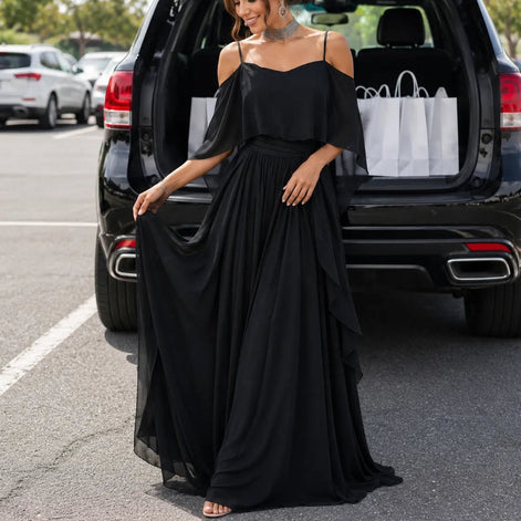 Cold Shoulder Chiffon Women's Midi Dress with Cascading Side Drape