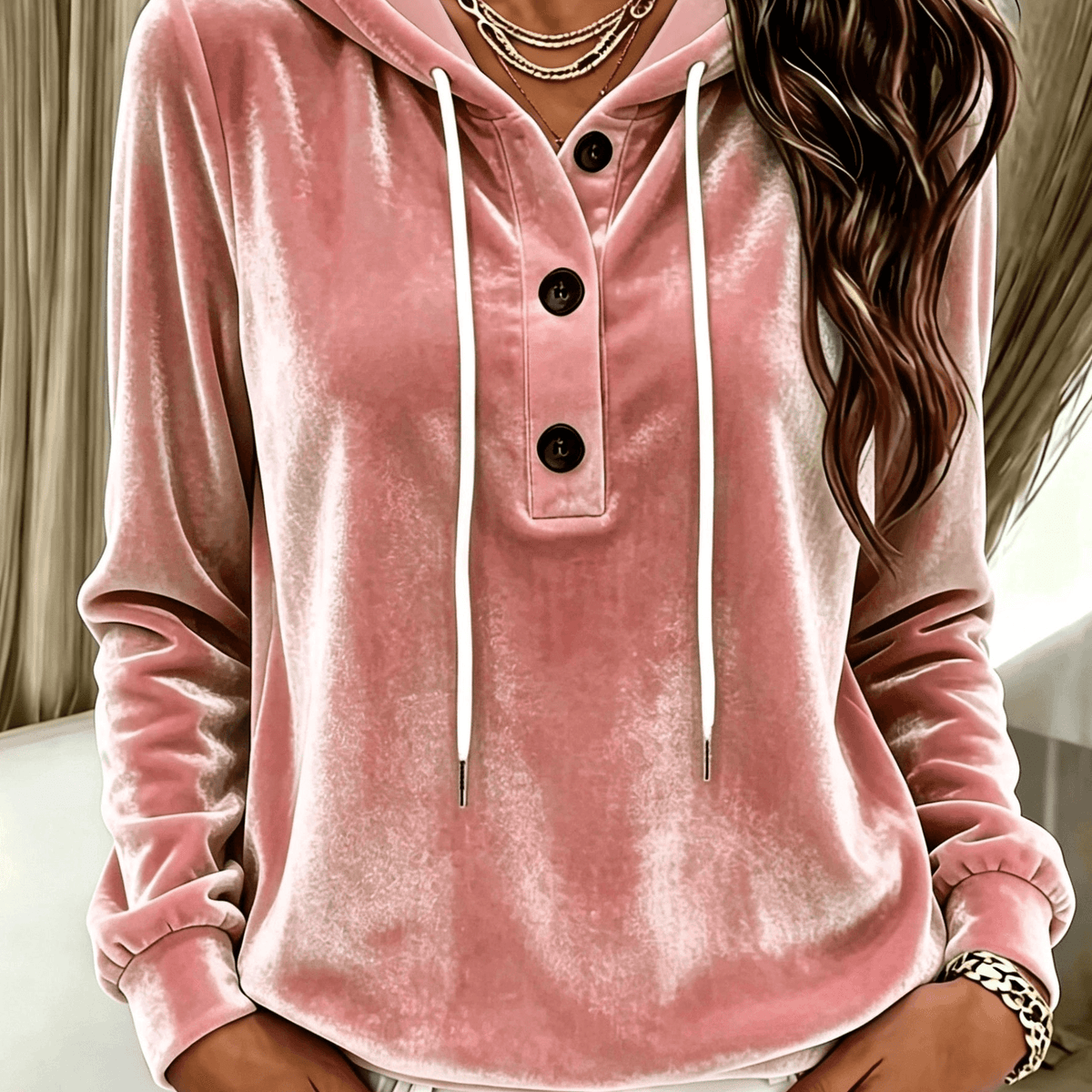 Women's Long-Sleeve Velvet Hoodie with Button Placket and Drawstring