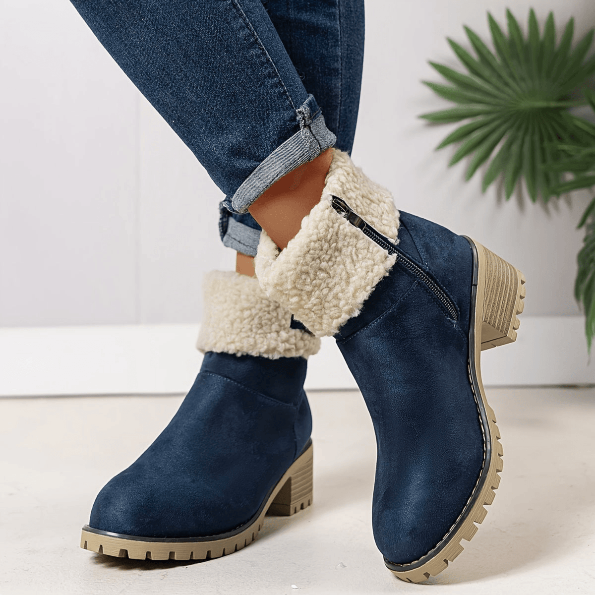 Women's Faux Suede Ankle Boots with Shearling Cuff and Block Heel