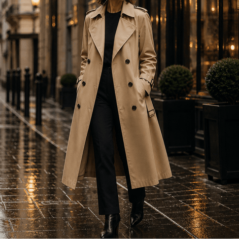 Mayfield Double-Breasted Long Belted Trench Coat with Tie Waist for Women