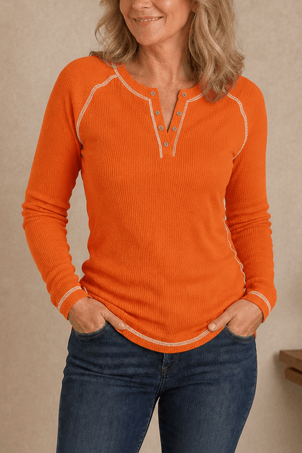 Women's Waffle Knit Henley Top with Button Placket