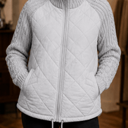 Women's Quilted Puffer Jacket with Knit Panel Trim at Waist and Cuffs