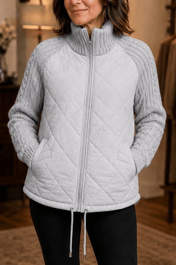 Women's Quilted Puffer Jacket with Knit Panel Trim at Waist and Cuffs