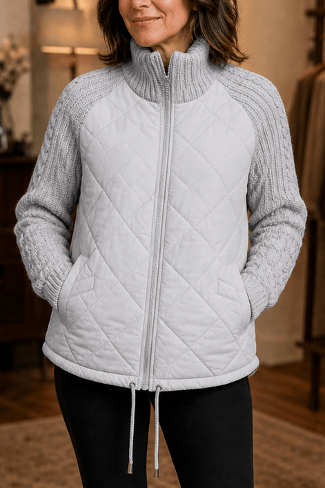 Women's Quilted Puffer Jacket with Knit Panel Trim at Waist and Cuffs
