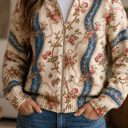 Women's Botanical Print Zip-Up Knit Bomber Cardigan