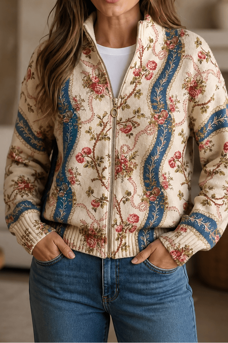 Women's Botanical Print Zip-Up Knit Bomber Cardigan