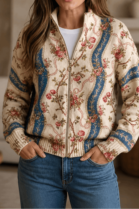 Women's Botanical Print Zip-Up Knit Bomber Cardigan