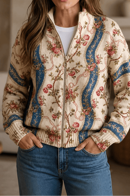 Women's Botanical Print Zip-Up Knit Bomber Cardigan