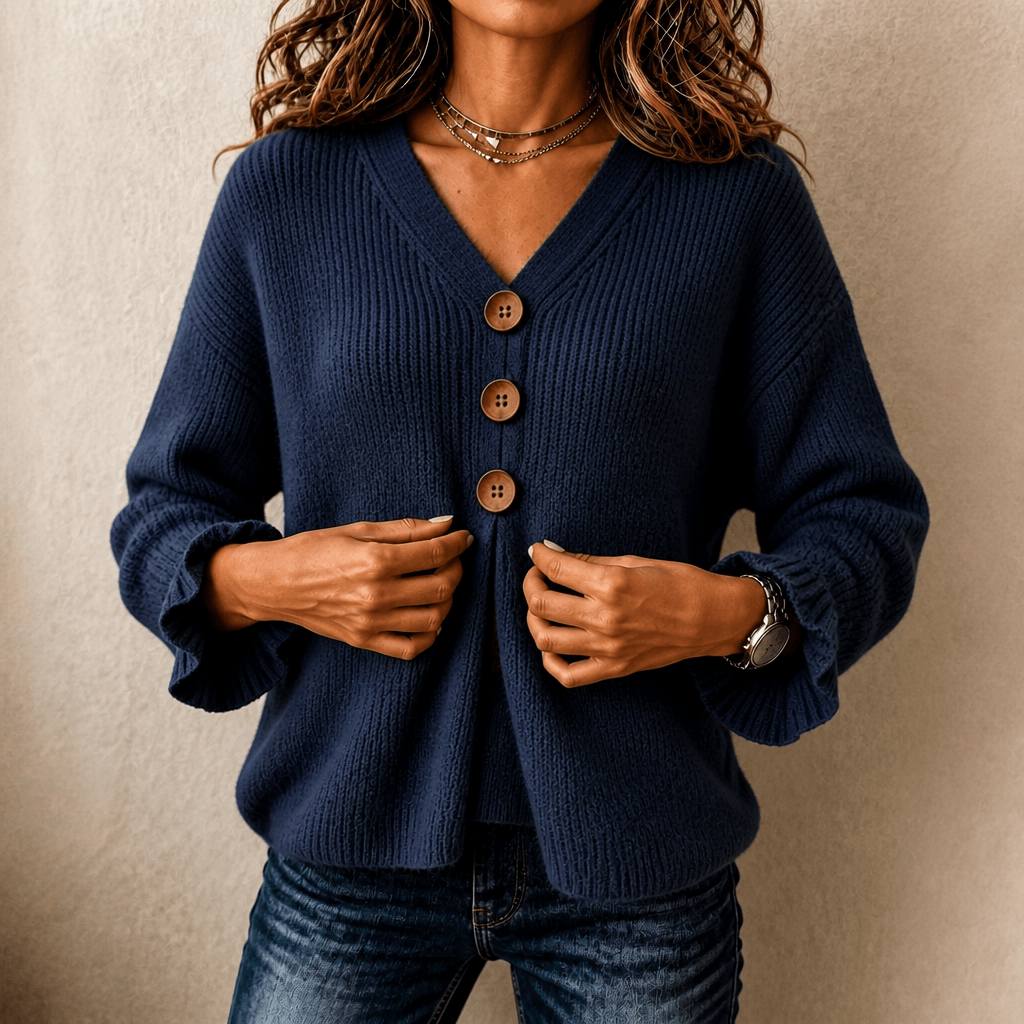 Women's Ribbed V-Neck Knitted Jumper with Button Detail