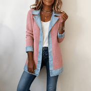 Women's Ribbed Knit Cardigan Coat with Denim Panel Trim