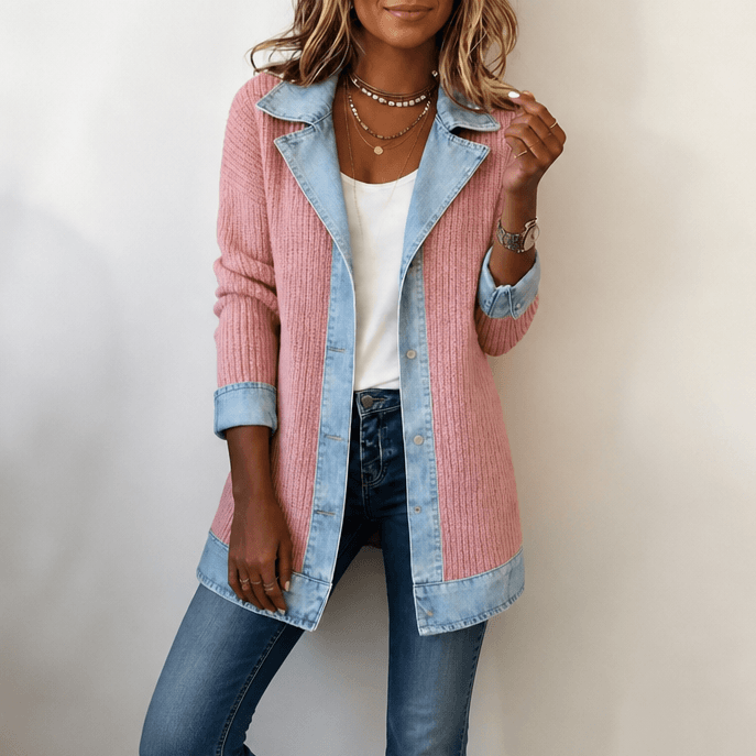 Women's Ribbed Knit Cardigan Coat with Denim Panel Trim