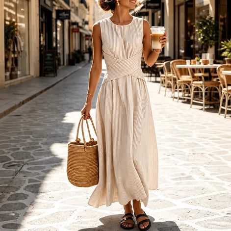 Women's Wrap-Waist Striped Sleeveless Maxi Dress