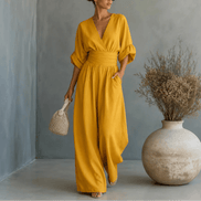 V-Neck Wide-Leg Jumpsuit with Pleated Waist Sash
