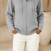 Women's Ribbed Zip-Up Hooded Knit Cardigan with Drawstring Hood
