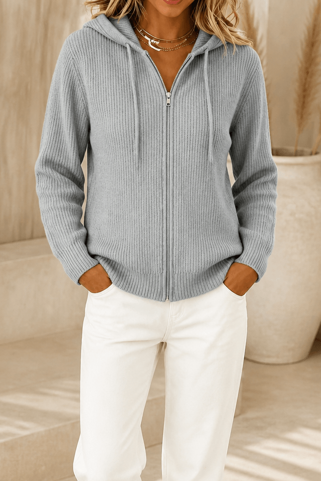 Women's Ribbed Zip-Up Hooded Knit Cardigan with Drawstring Hood