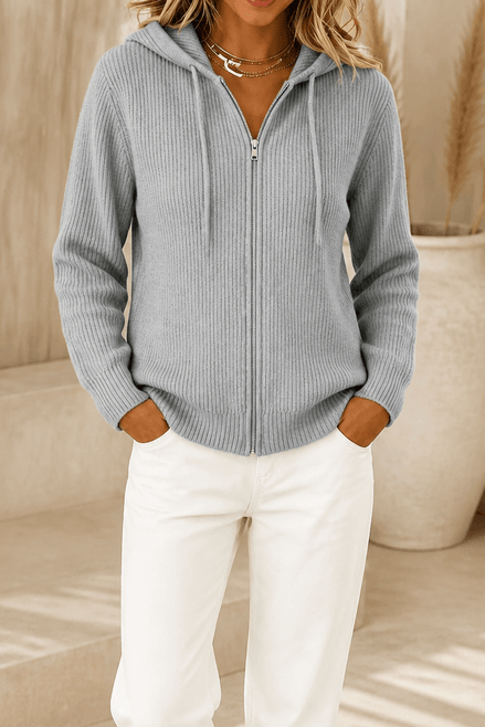 Women's Ribbed Zip-Up Hooded Knit Cardigan with Drawstring Hood