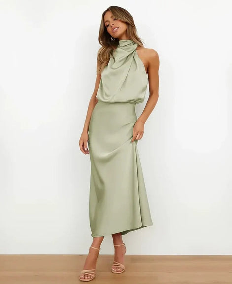 Satin Halter Neck Midi Dress for Christmas Party Occasions in Apricot