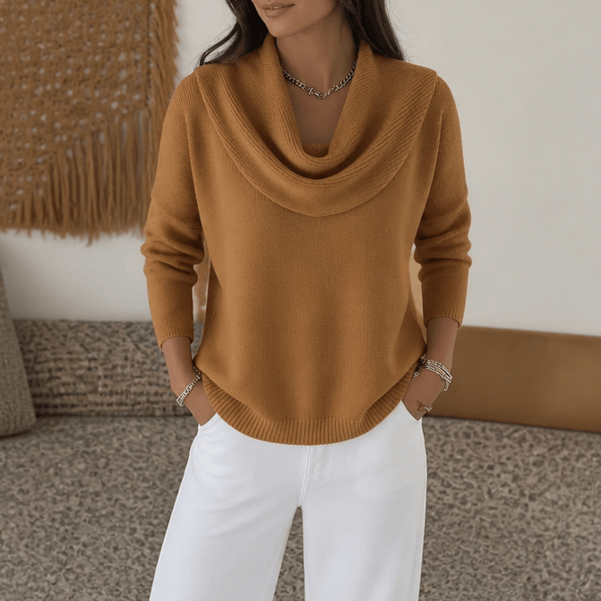 Women's Cowl Neck Drape Knitted Jumper with Soft Stretch