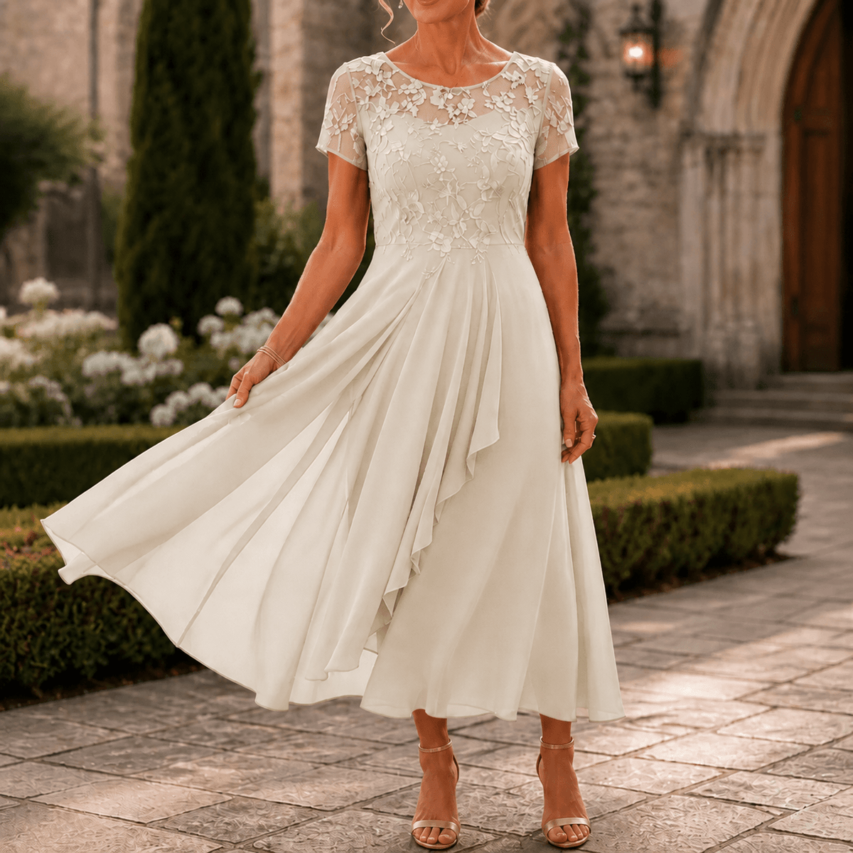 Women's Lace Bodice Chiffon Dress with Ruffled Hem