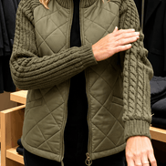 Women's Quilted Puffer Jacket with Knit Panel Trim at Waist and Cuffs