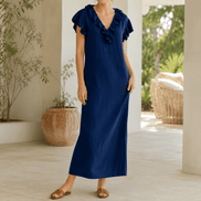 Ruffled V-Neck Linen-Cotton Women's Midi-to-Maxi Dress with Pockets