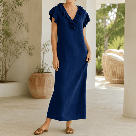 Ruffled V-Neck Linen-Cotton Women's Midi-to-Maxi Dress with Pockets