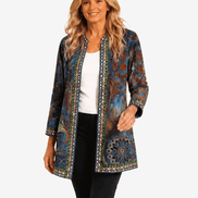 Patrice Art-Print Open-Front Jacket with Embellished Trim