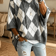 Women's Hooded Argyle Batwing Poncho Knit Jumper