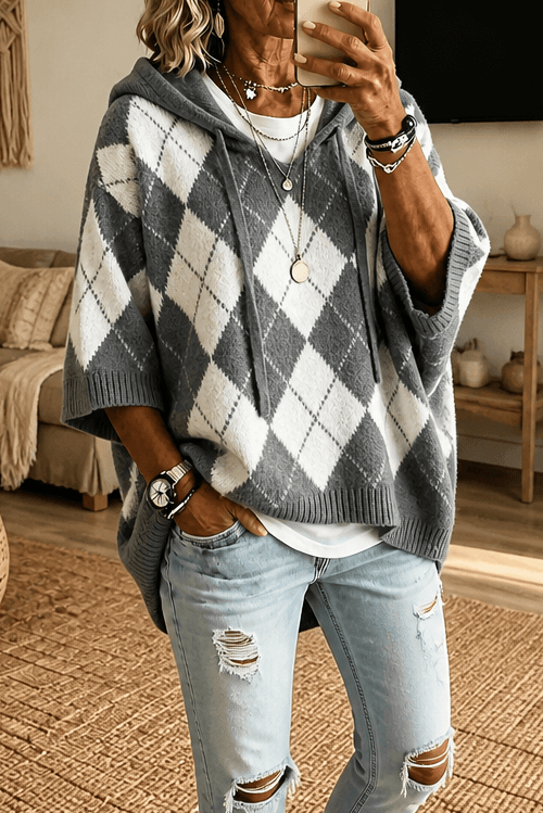 Women's Hooded Argyle Batwing Poncho Knit Jumper
