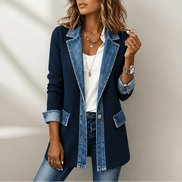 Women's Ribbed Knit Cardigan Coat with Denim Panel Trim