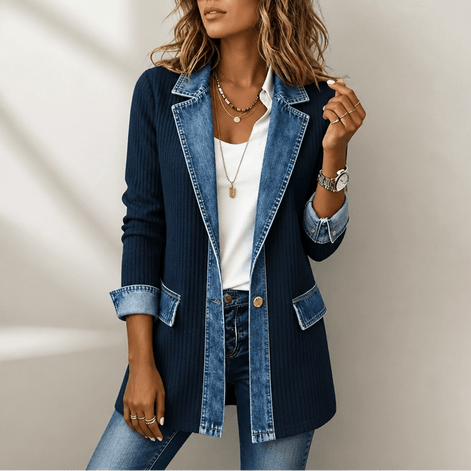 Women's Ribbed Knit Cardigan Coat with Denim Panel Trim