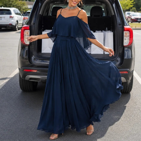 Cold Shoulder Chiffon Women's Midi Dress with Cascading Side Drape