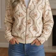 Women's Botanical Print Zip-Up Knit Bomber Cardigan