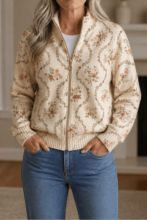 Women's Botanical Print Zip-Up Knit Bomber Cardigan