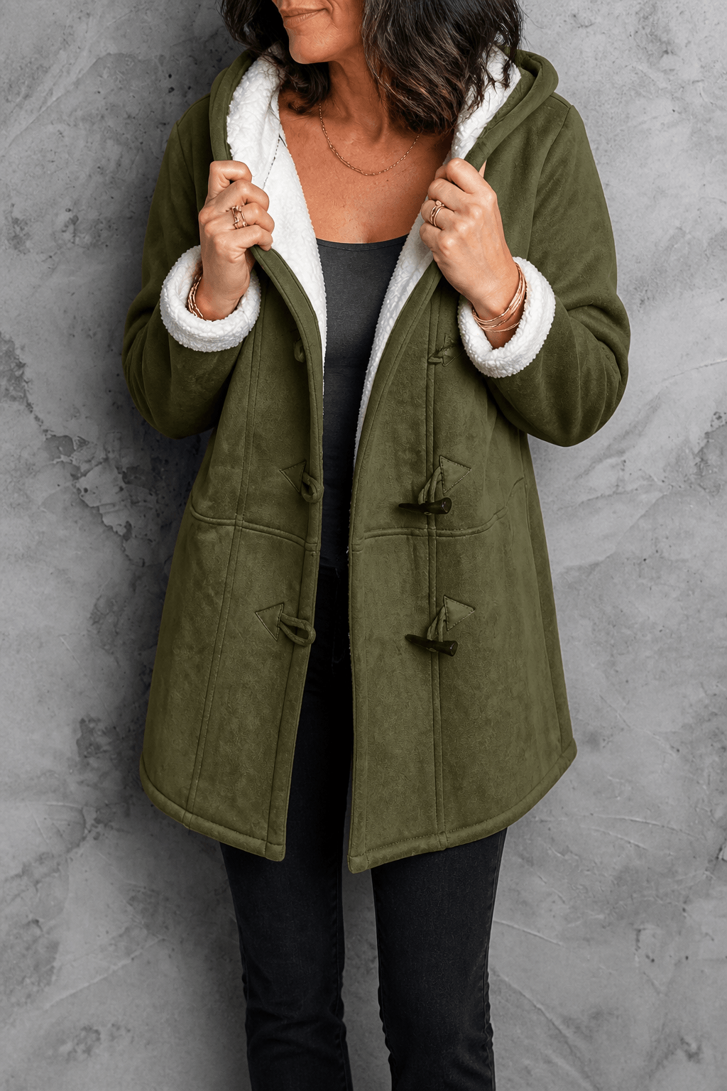 Women's Hooded Faux Suede Winter Coat with Plush Sherpa Lining