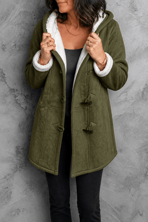 Women's Hooded Faux Suede Winter Coat with Plush Sherpa Lining